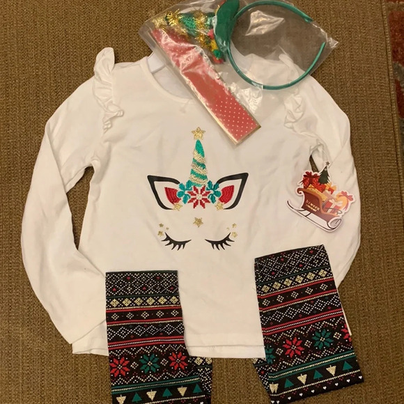 Between Christmas Unicorn Top Leggings & Headband NEW - Picture 1 of 5
